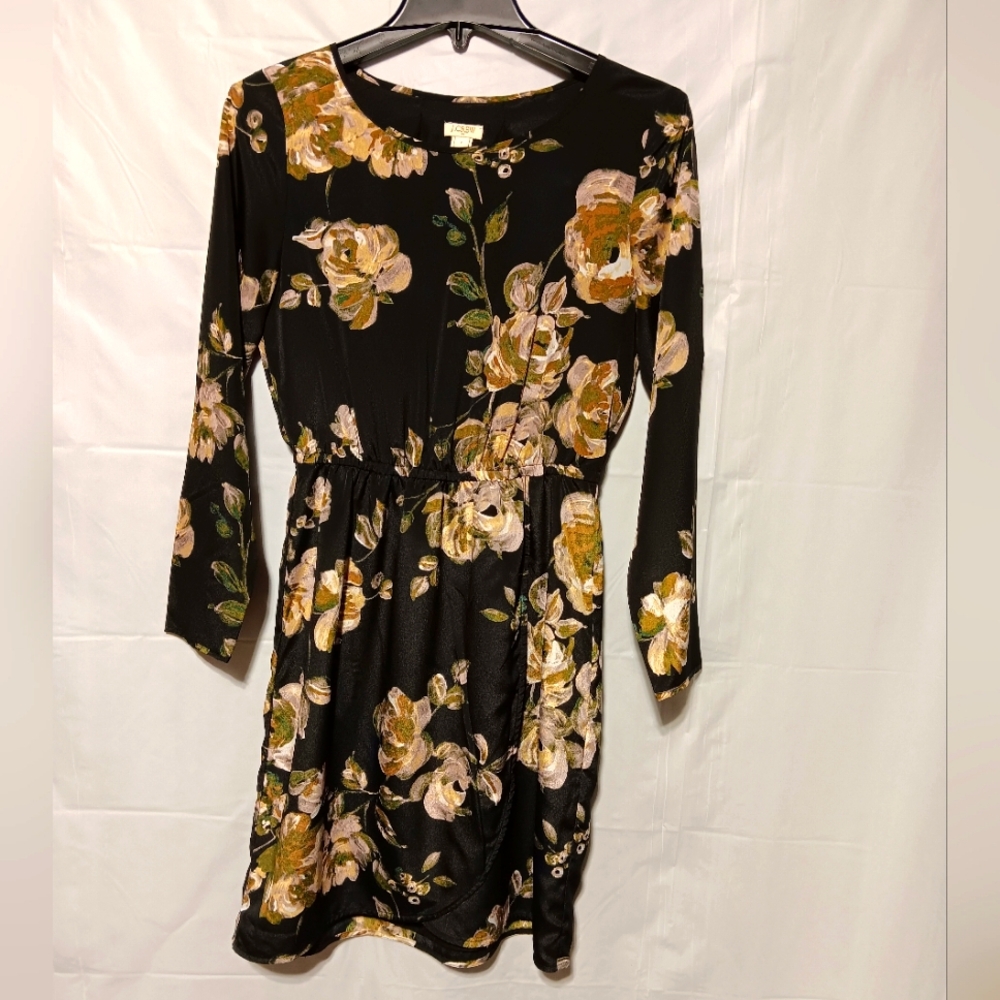 J.Crew EUC Women's Dress Sz 2, Black Floral, Faux Wrap Skirt, Lt Wt, Long Sleeve